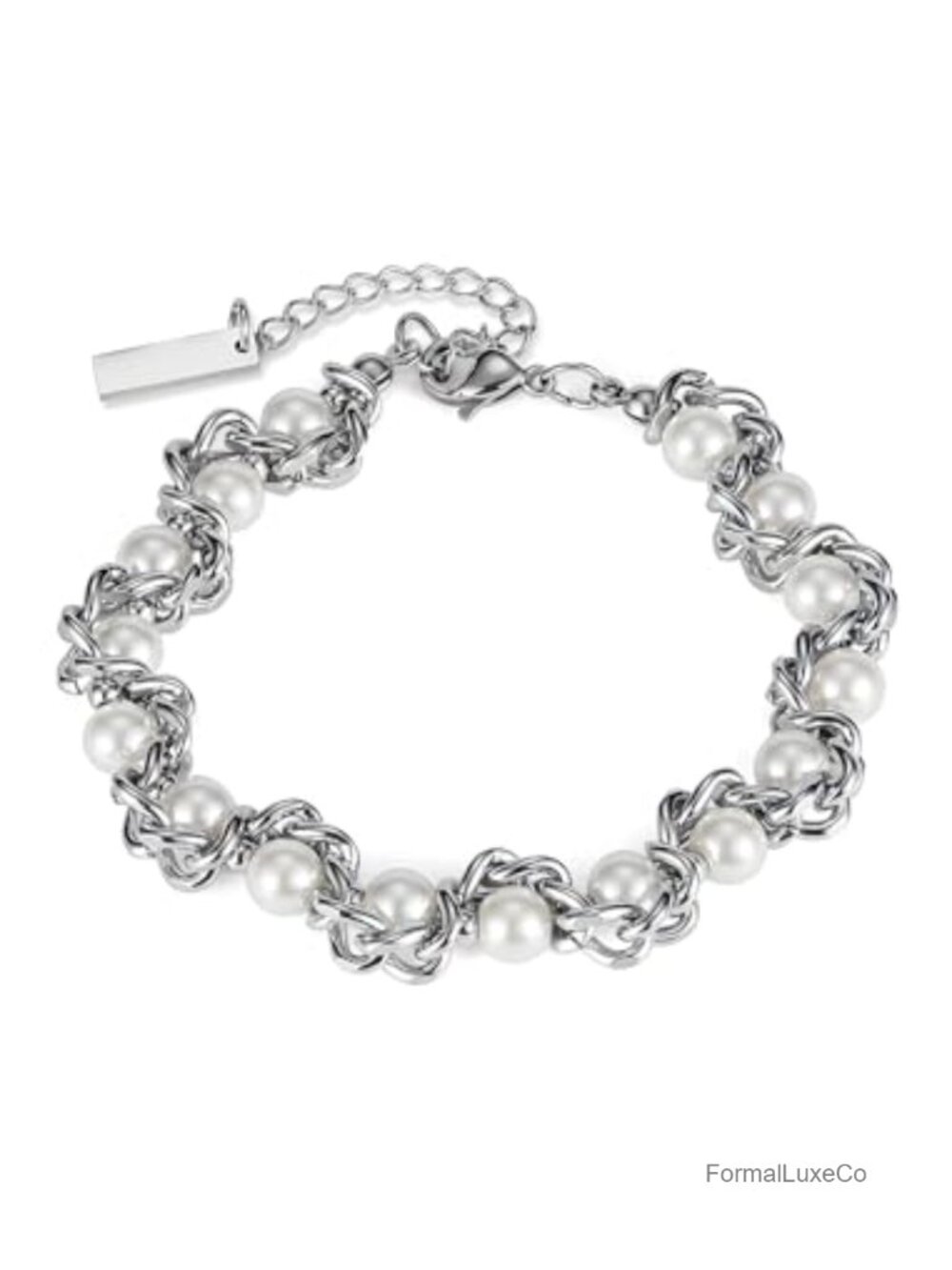 Stainless Steel Faux Pearl Link Cuff Bracelet Women Bridal Gift Box